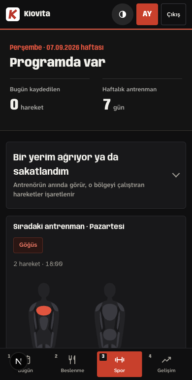 Danışan panelinin Spor sekmesi: sıradaki antrenman, çalışılacak bölge ve haftalık program